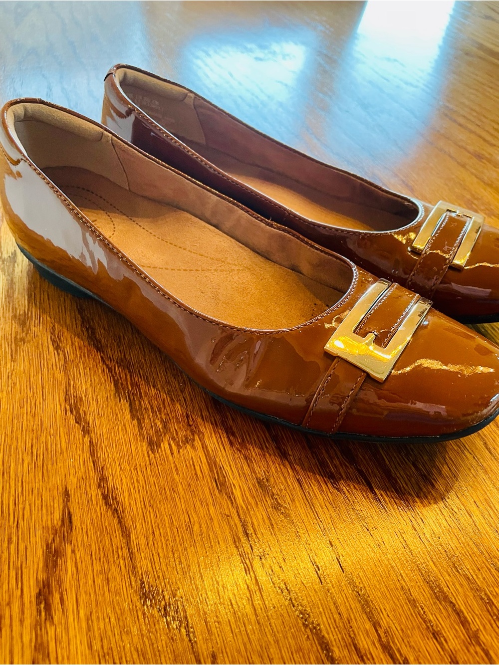 Clarks brown patent leather with gold buckles- size 8.5